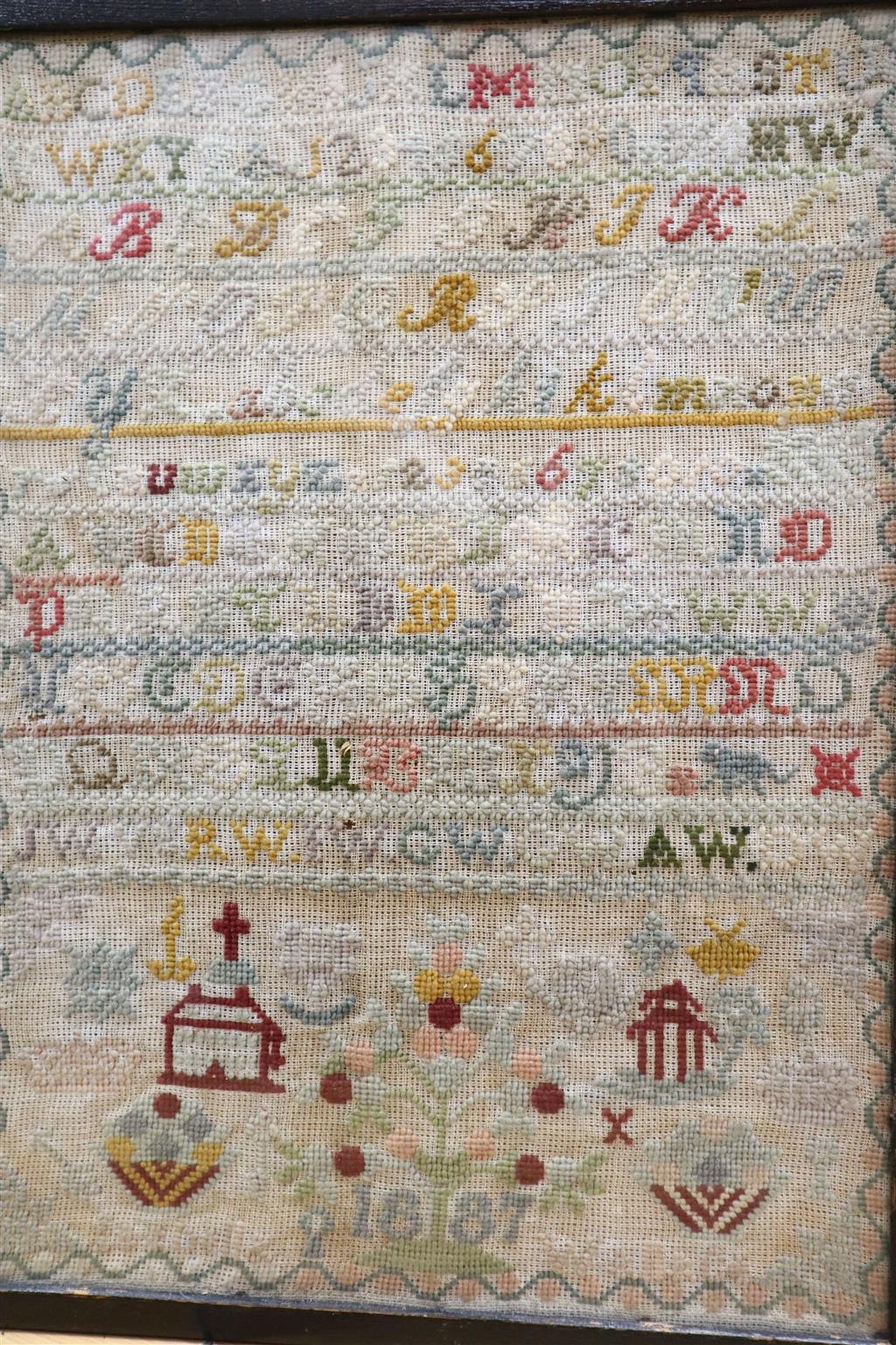 Two Victorian alphabet samplers, larger dated 1887, 44 x 32cm and a Chinese coloured silk depiction